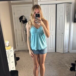 Light Blue Halter Top with Floral Embroidery